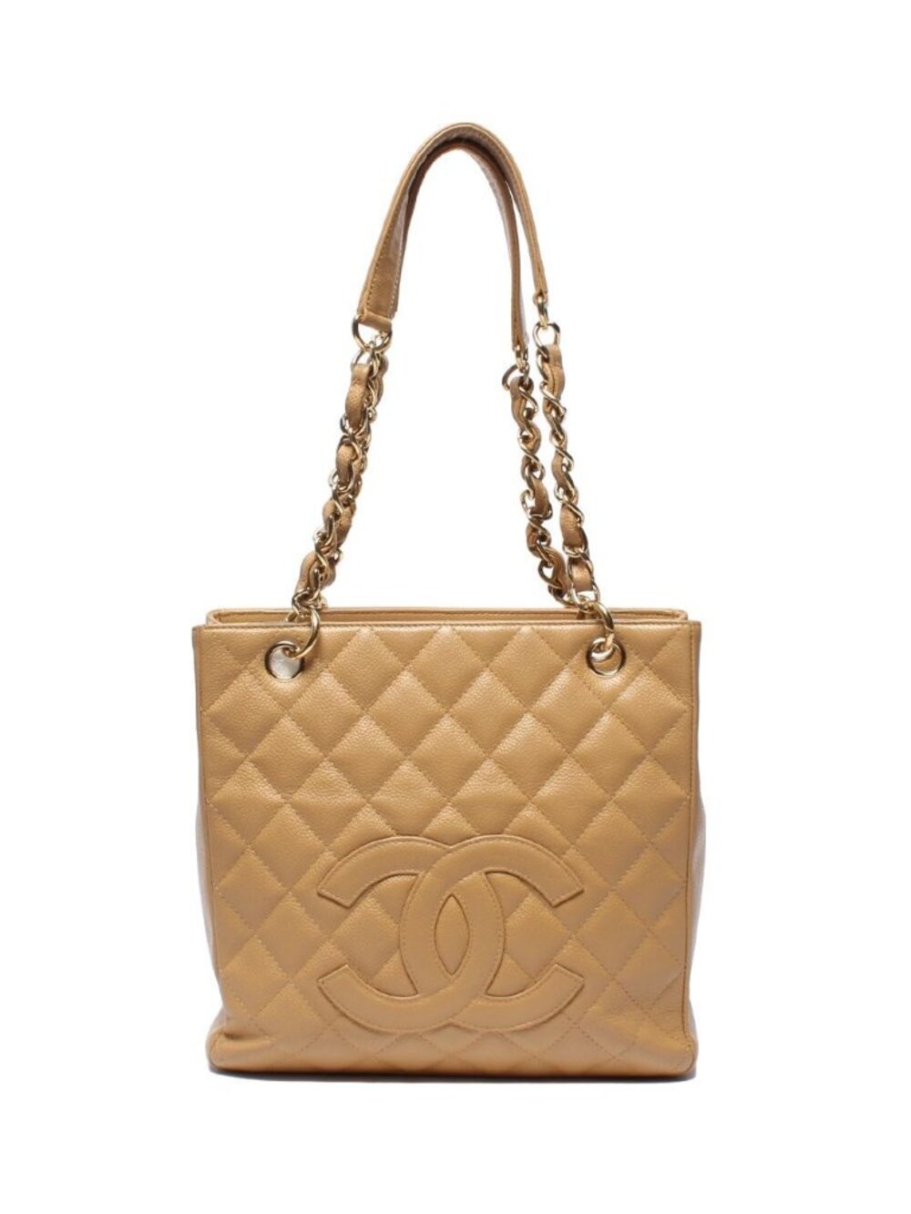 Chanel Chain Tote Bag Petite Shopping PST Shoulder Quilted Caviar Leather Gold
